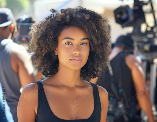 A beautiful, dark-skinned, confident actress walks briskly onto a busy movie set. Curly hair is clean and shiny.