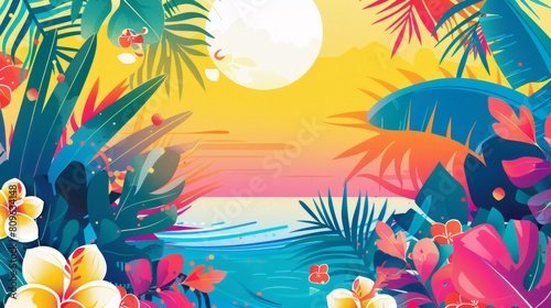 Tropical beach scene with palm trees under a bright summer sky