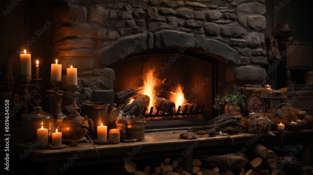 fireplace with burning candles
