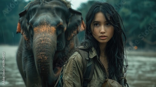 Animal Lover photo of a beautiful asian girl bonding with elephant.. Fictional Character Created By Generative AI. 