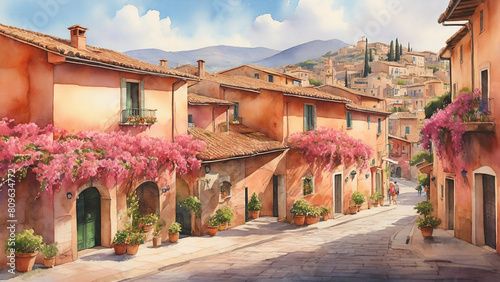 Watercolor painting: A charming, rural Italian village scene, featuring terra-cotta-roofed houses, cobblestone streets, and a lively piazza, with villagers going about their daily routines photo