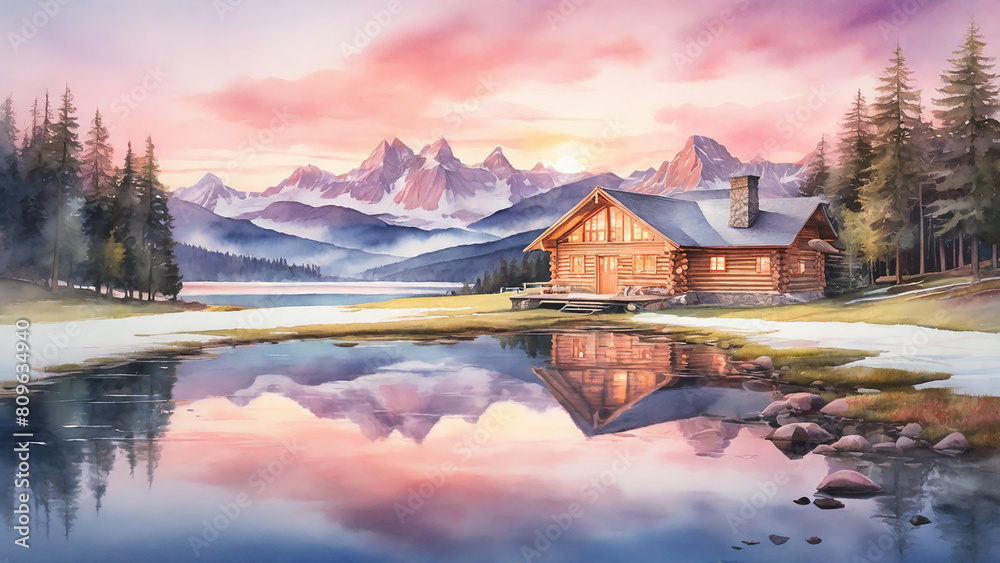 Watercolor painting: A peaceful, Alpine landscape at dusk, with snow-capped mountains reflecting in a glassy lake, a cozy log cabin nestled among evergreen trees, and a sky filled with soft,
