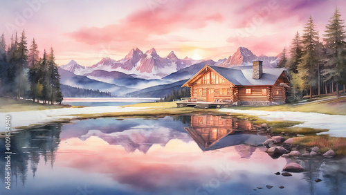 Watercolor painting: A peaceful, Alpine landscape at dusk, with snow-capped mountains reflecting in a glassy lake, a cozy log cabin nestled among evergreen trees, and a sky filled with soft,