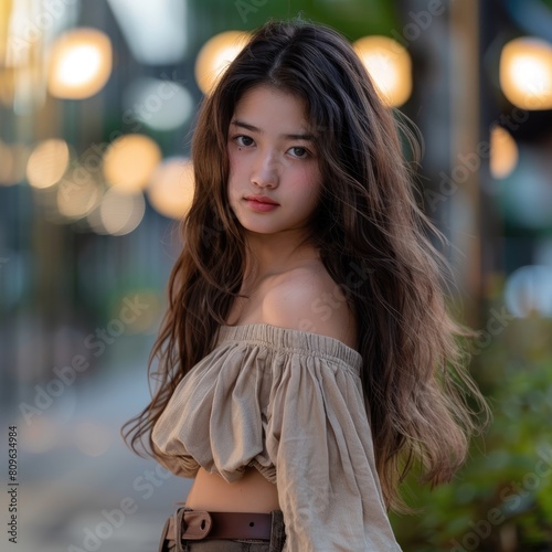 Beautiful Asian Girl Posing Crop Top For a Picture. . Fictional Character Created By Generative AI. 