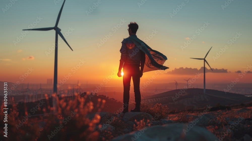 Backlit figure in a cape stands before wind turbines, evoking sustainable energy's heroes Backlit figure in a cape stands before wind turbines, evoking sustainable energy's heroes