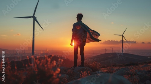 Backlit figure in a cape stands before wind turbines, evoking sustainable energy's heroes