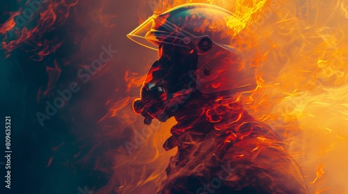 Artistic double exposure image of a firefighter enveloped in vibrant flames