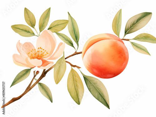 Hand drawn watercolor painting isolated on white background. Vector illustration of fruit peach and peach leaves. © PEPPERPOT