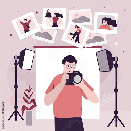 Photographer man taking pictures. Photo equipment. Studio interior with accessories, light box and reflector. Male character with camera. Studio photography.