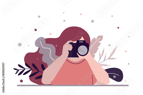 Portrait of photographer woman at work. Photo equipment. Female character with camera. Studio photography. Woman freelancer, artist close up view