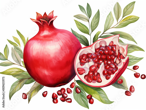 Pomegranate with leaves and seeds. Hand drawn watercolor painting isolated on white background. Botanical illustration of fruit pomegranate. © PEPPERPOT
