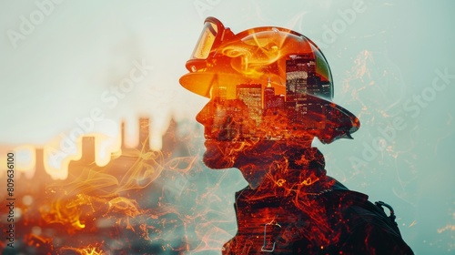 Double exposure image of a fireman from the back with a glowing helmet and cityscape
