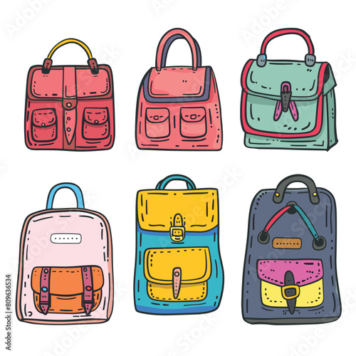 Six colorful handbags backpacks illustrated cartoon style variety designs features. Doodle art fashion accessories red, pink, green, blue, yellow, grey bags stylish casual use. Cool trendy handdrawn