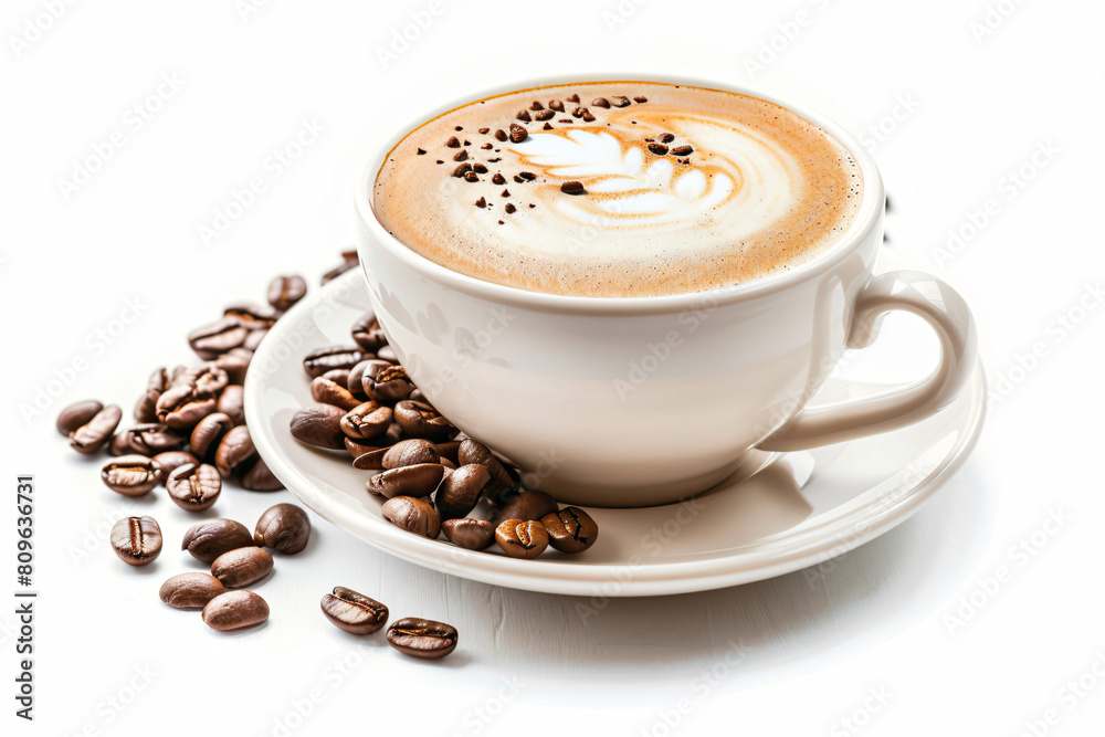 a cup of coffee with a saucer and beans a cup of coffee with a saucer and beans