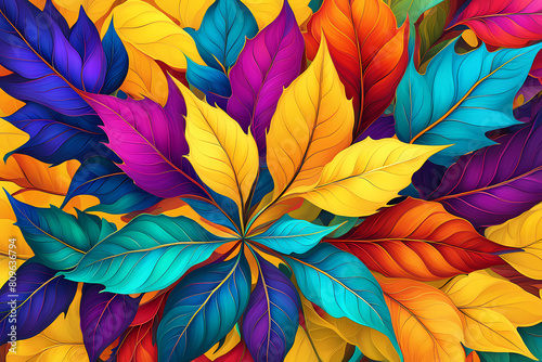 Wallpaper Mural Abstract Euphoria: A Lively Confluence of Colorful Leaves and Geometric Beauty on a Yellow Canvas Torontodigital.ca