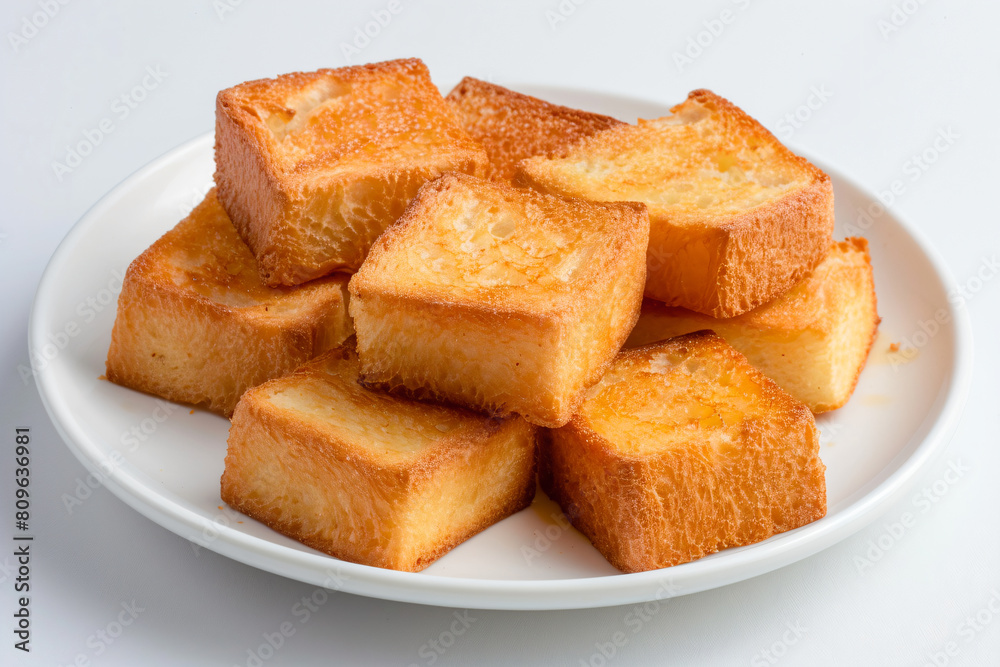 a plate of toasted bread on a white table