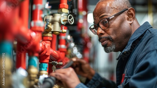 Expert technician inspecting and maintaining fire protection system valves