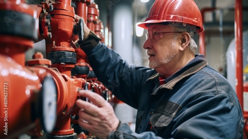 Experienced engineer conducts a routine check on a fire protection sprinkler system
