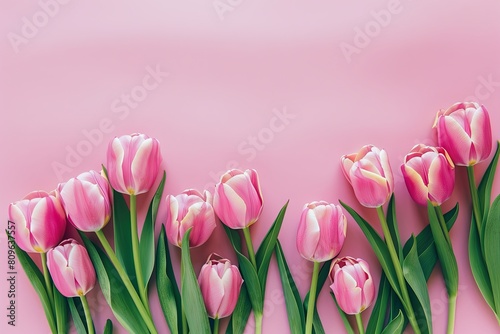 Flat lay of pink tulips on a pastel background