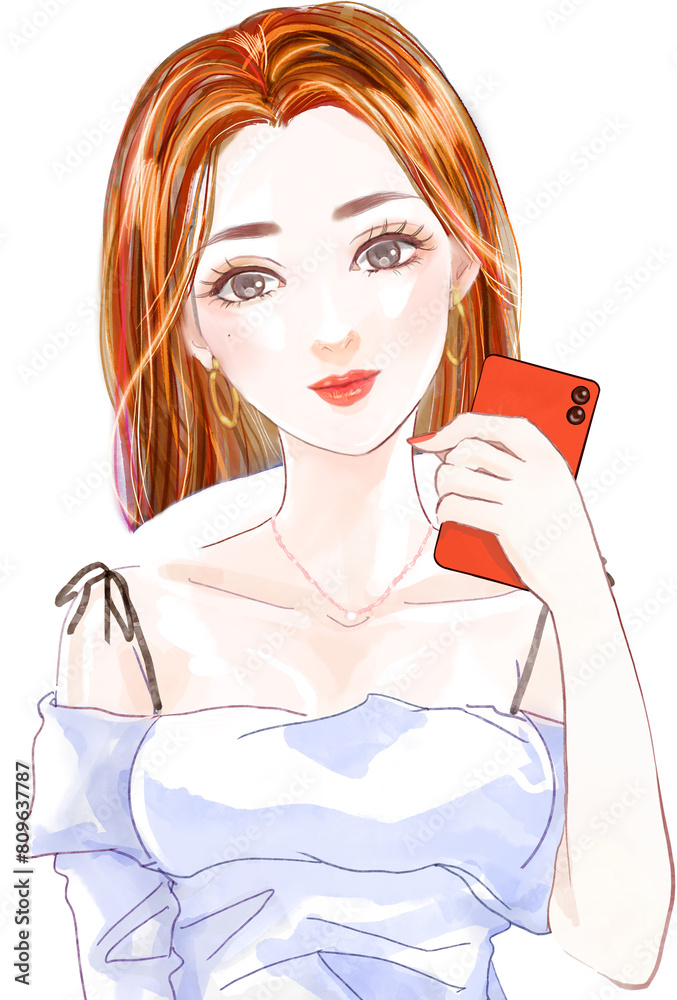 肩出しトップスのセクシーなお姉さんが携帯片手に微笑む人物イラスト