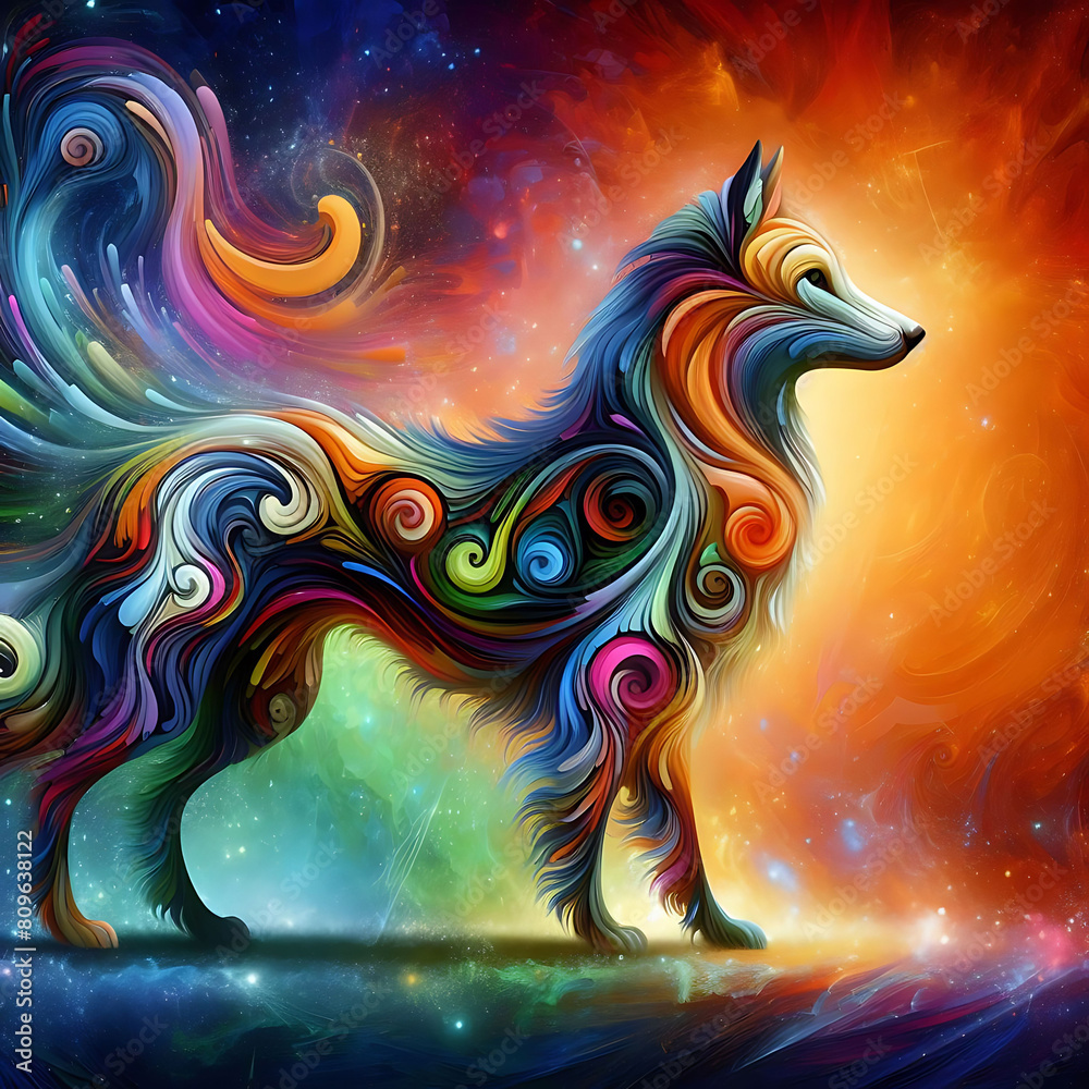 A dog with eye-catching swirls in various hues