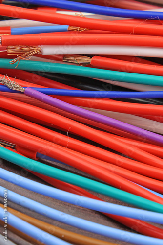 Copper electrical installation wires in colored insulation. Close-up. photo