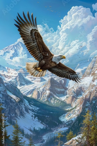 A painting capturing the powerful image of a bald eagle soaring gracefully over a stunning mountain range.