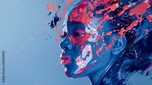 Surreal Portrait of Woman with Blue and Red Paint Splashes