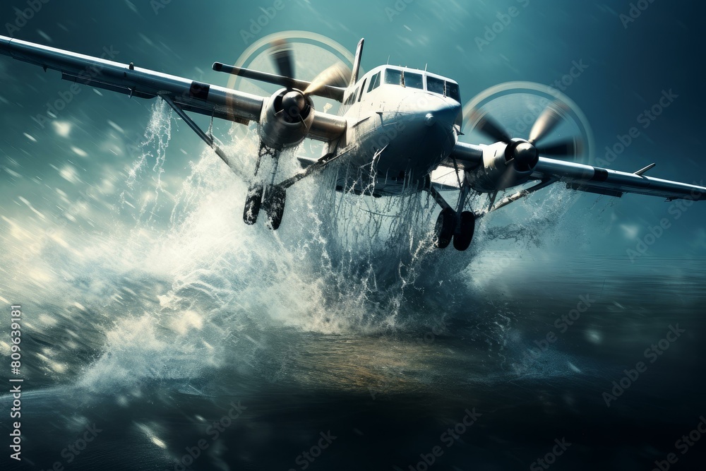 Dramatic depiction of a twin-engine airplane performing an emergency landing on water at dusk Dramatic depiction of a twin-engine airplane performing an emergency landing on water at dusk