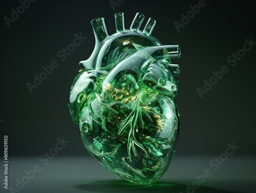 A green glass heart with a glowing light inside.