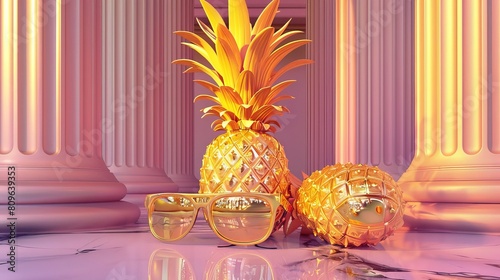 Baroque-style artistic depiction of a 3D pineapple-shaped gold award wearing sunglasses, portrayed in a neobrutalist style with a 45-degree perspective photo