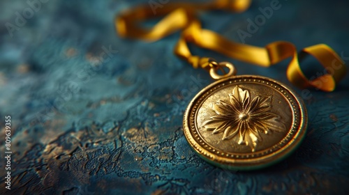 A gold medallion with a ribbon on a blue background. photo