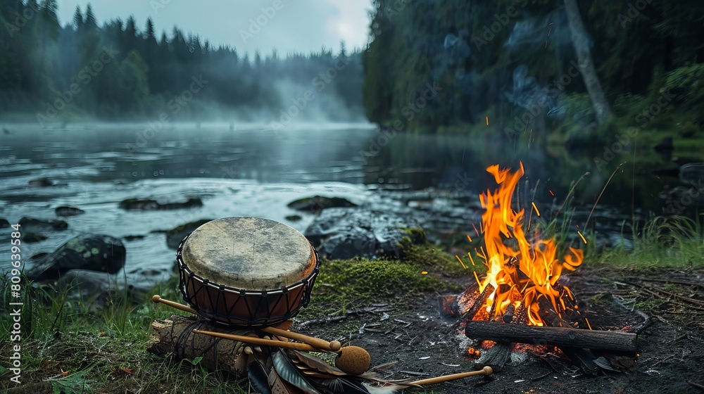 Burning tobacco in the forest and beside a river next to a bonfire in the evening, accompanied by a hand drum and a bundle of feathers Burning tobacco in the forest and beside a river next to a bonfire in the evening, accompanied by a hand drum and a bundle of feathers