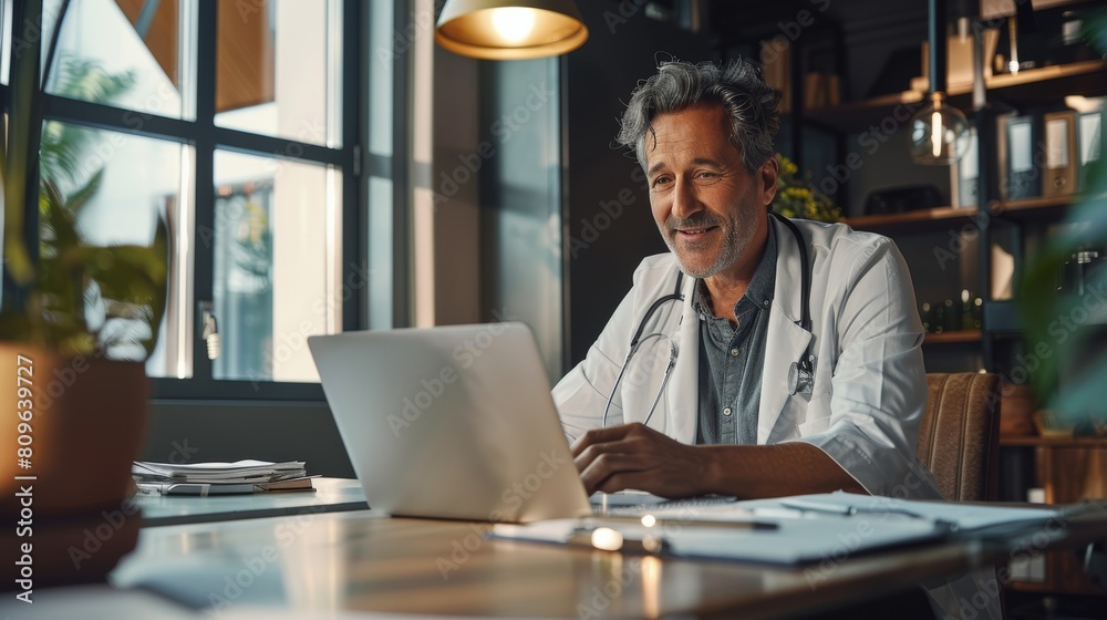 Mature doctor using a laptop in a well-lit, plant-filled office space. Mature doctor using a laptop in a well-lit, plant-filled office space.
