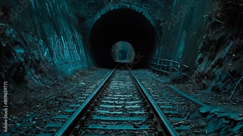 A close-up photograph of a dark and desolate railway tunnel photo