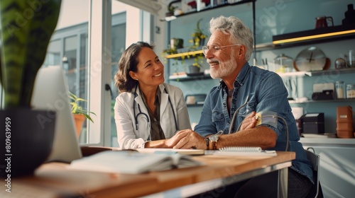 female doctor in a lab coat shares a laugh with an elderly male patient during a consultation in a modern, sunny medical office