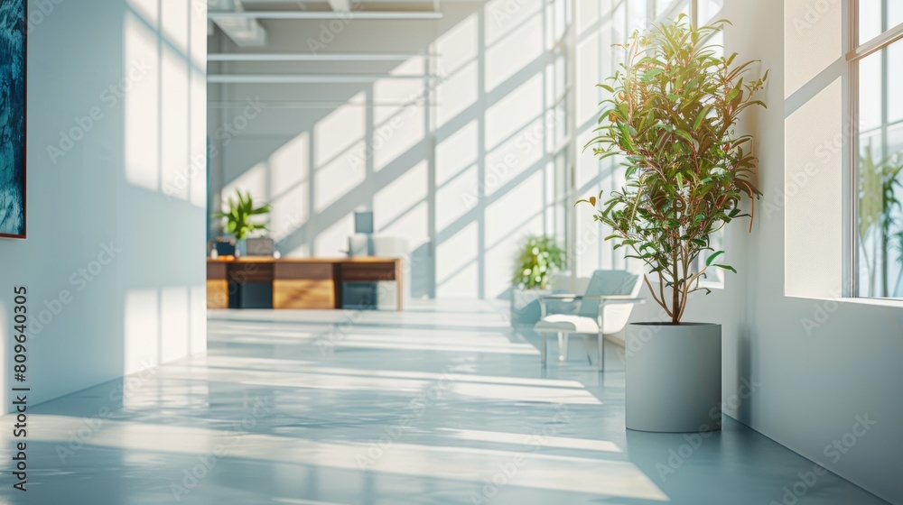 empty modern office space with large windows that offer a bright and airy feel, featuring minimalistic furniture and decorative plants empty modern office space with large windows that offer a bright and airy feel, featuring minimalistic furniture and decorative plants