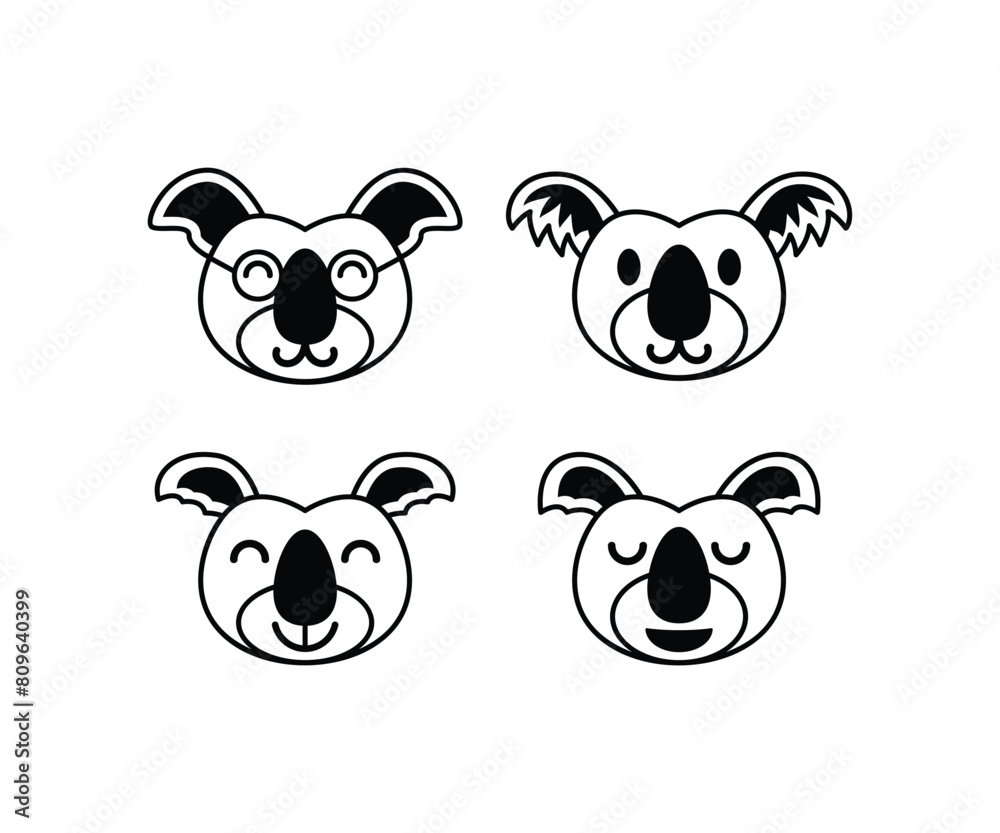 Obraz premium cute koala animal face smile happy cartoon vector icon design simple black white illustration collections