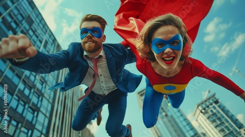 Superhero couple in capes and masks soaring over the cityscape photo