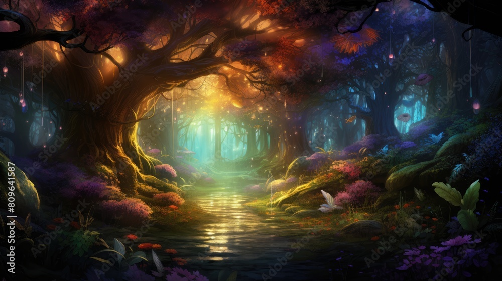 Fototapeta premium Enchanted forest watercolor illustration - Generative AI. Forest, tree, colorful, flowers, sunbeams.