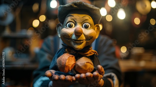 A puppeteer holds a puppet.