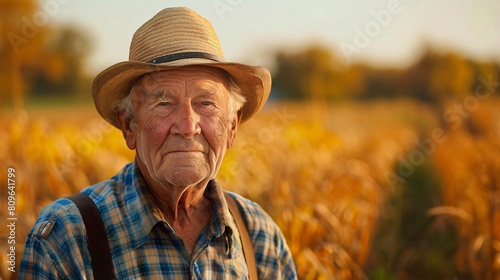 Capturing the Essence An intriguing depiction of an experienced elderly farmer embodying sagacity and knowledge in the midst of a scenic rural landscape. photo