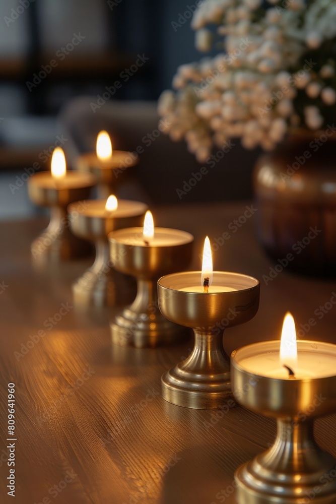 A row of brass candle holders with flickering candles sitting on top of a wooden table, creating a warm and inviting ambiance.