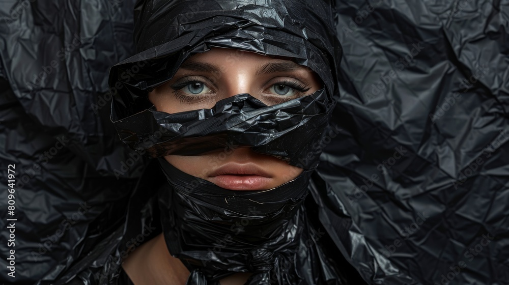 Mysterious Woman Wrapped in Black Plastic Mysterious Woman Wrapped in Black Plastic