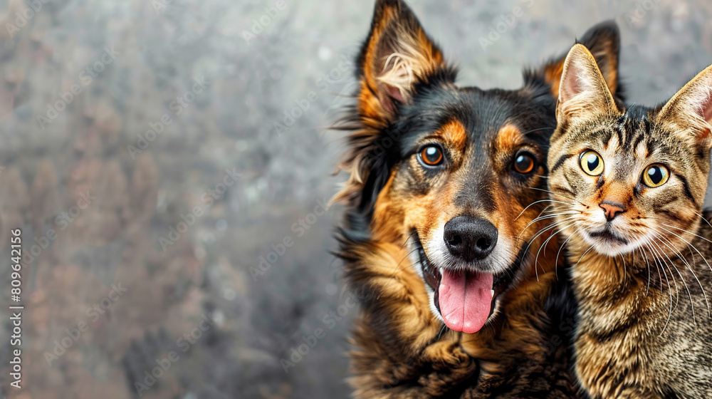 A close-up of a cat and a dog leaning against the camera A close-up of a cat and a dog leaning against the camera