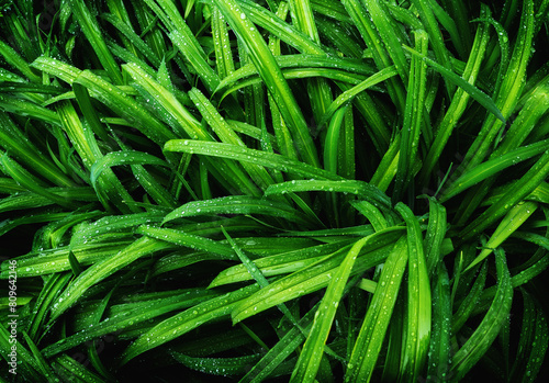 Green plant leaves background in rain water drops, top view. Lush green grass blades covered in morning dew. Nature spring concept.