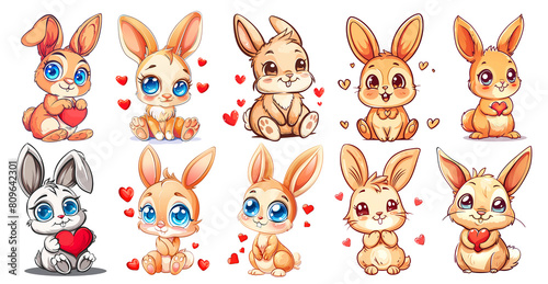 Set of Cute bunny with hearts  cartoon  Clipart Bundle  isolated  png  generated ai