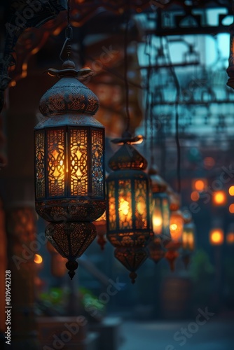 A group of lanterns in various shapes and sizes hanging from the ceiling, enhancing the ambiance of the space.
