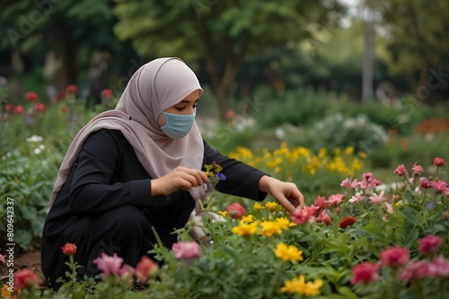  a muslim woman gardener in garden plucking a flower, woman gardener with hijab  photo