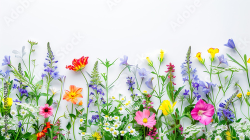 Small colorful spring flowers line the edge of the picture. On a white background for entering text.